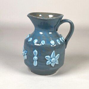 Vintage Blue Ceramic Pitcher 3D Floral Teardrop Design Hand Painted Made Italy